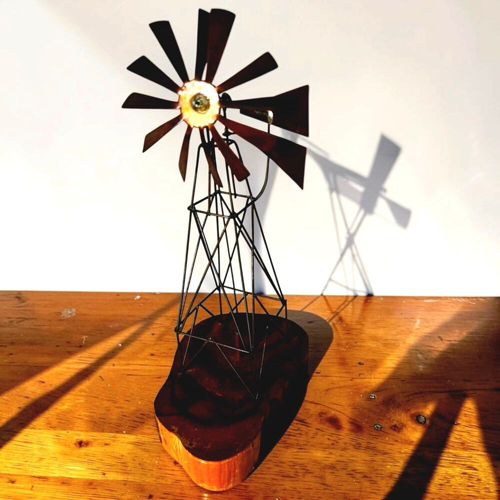 Vintage Rustic Metal Windmill Sculpture on Live Edge Wood Base | Farmhouse